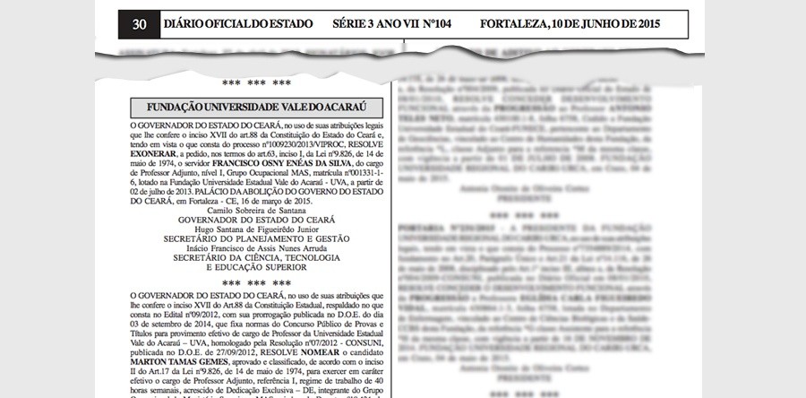 Governo publica nomeação de Professor Efetivo do Curso de Letras e UVA divulga resultado de Seleção Pública de Substitutos