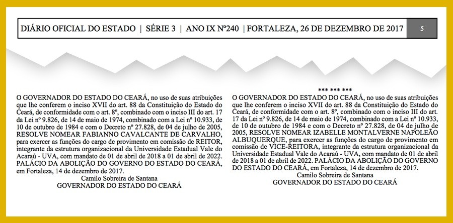 Professores Fabianno Cavalcante de Carvalho e Izabelle Mont’Alverne são reconduzidos aos cargos de reitor e vice-reitora da UVA