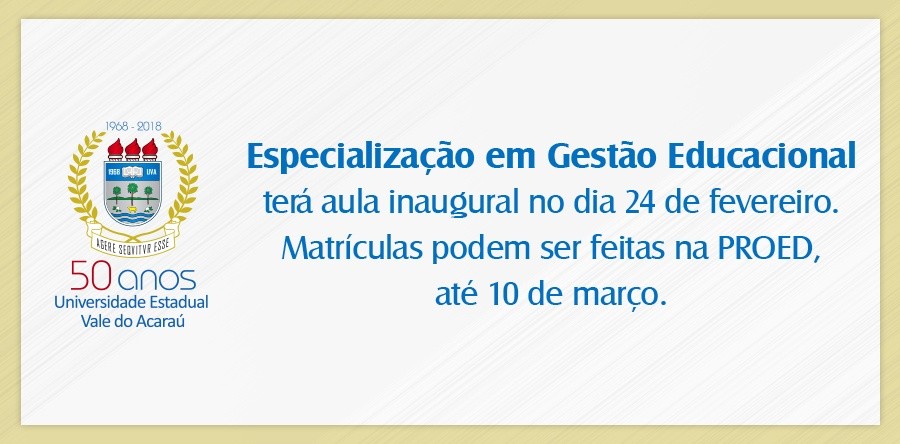 Especialização em Gestão Educacional terá aula inaugural no dia 24 de fevereiro. Matrículas podem ser feitas na PROED, até 10 de março