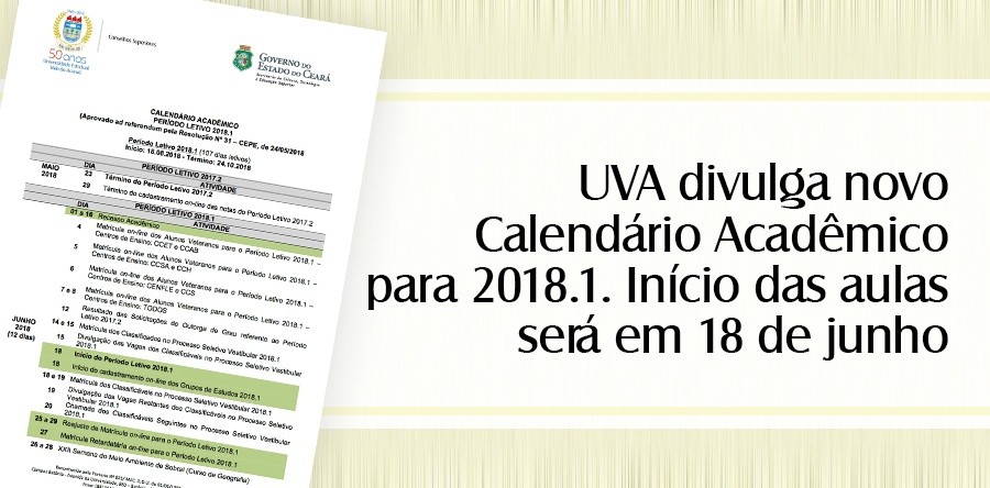UVA divulga novo Calendário Acadêmico para 2018.1. Início das aulas será em 18 de junho