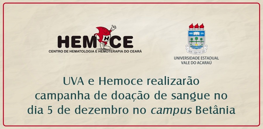 UVA e Hemoce realizarão campanha de doação de sangue no dia 5 de dezembro no campus Betânia