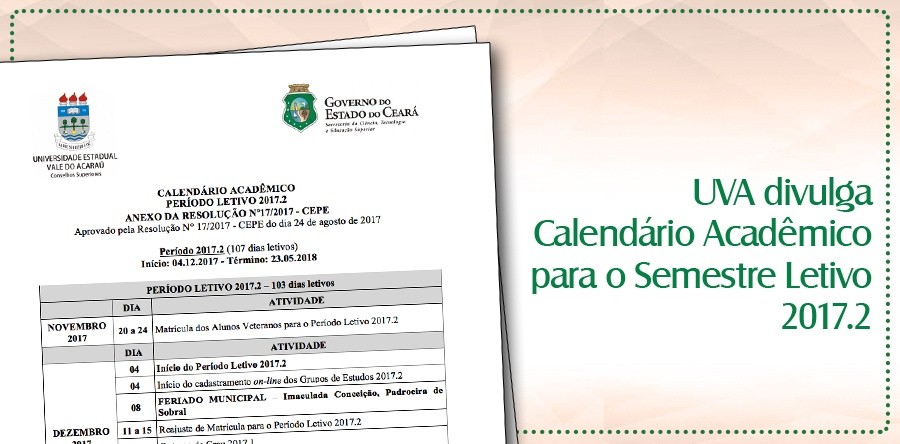 UVA divulga Calendário Acadêmico para o Semestre Letivo 2017.2, com início em 4 de dezembro