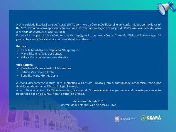 Nota para apresentação da chapa referente a eleição aos cargos de Reitor(a) e Vice-Reitor(a)